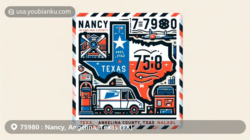 Modern illustration of Nancy, Angelina County, Texas, with postal theme featuring iconic Texas elements like the state flag and Angelina County outline, showcasing postal elements like stamp, postmark, ZIP code 75980, mailbox, and postal van.