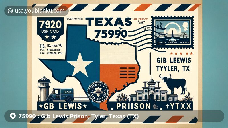 Modern illustration of Gib Lewis Prison, Tyler, Texas, highlighting postal theme with ZIP code 75990, featuring Texas state flag, Tyler County outline, cowboy hat, longhorn cattle, airmail envelope border with stamp and postmark, vintage mail truck, and mailbox.