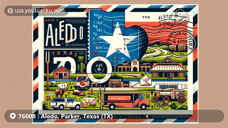 Creative illustration of Aledo, Parker County, Texas, with postal theme incorporating Texas state flag, Parker County map, Lost Creek Golf Club, rolling hills, trails, ZIP Code 76008, stamps, postmark, and traditional mailbox or mail truck.