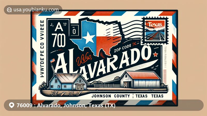 Modern illustration of Alvarado, Johnson County, Texas, showcasing vintage postcard design with Texas state symbols and ZIP code 76009, featuring rural and agricultural elements like barn and farmland.