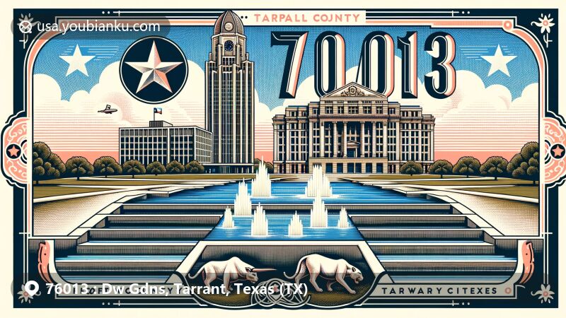 Modern illustration of ZIP code 76013, Dw Gdns, Tarrant County, Texas, highlighting Fort Worth Water Gardens, Flatiron Building, and Tarrant County Courthouse.
