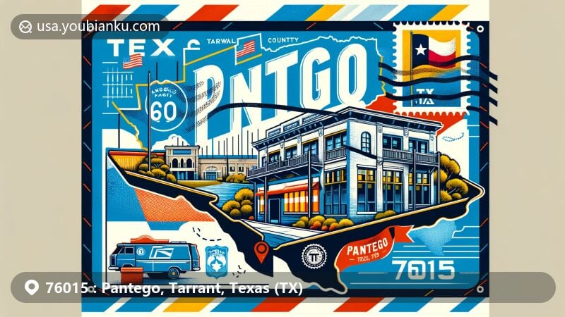 Illustration of Pantego, Tarrant County, Texas, showcasing a vintage airmail envelope background with Tarrant County map, highlighting Pantego and its unique features, including Texas state flag, postal elements, and '76015 Pantego, TX' stamp.