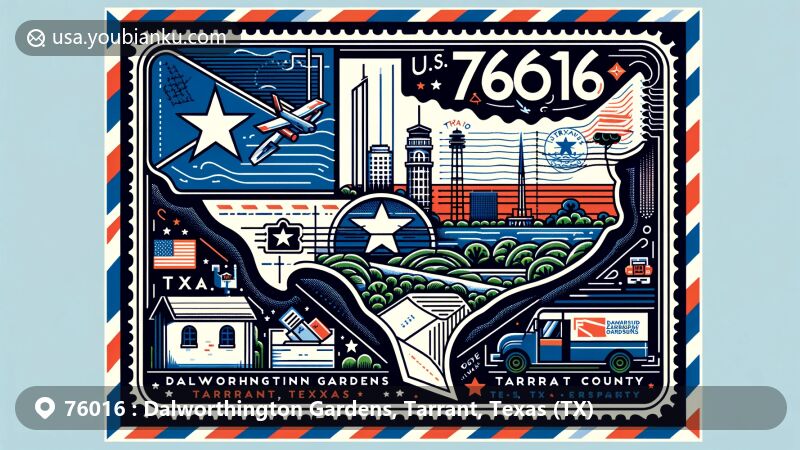 Modern illustration of Dalworthington Gardens, Tarrant County, Texas, with a unique postcard design showcasing the Texas flag, Tarrant County map, and local landmark, featuring ZIP code 76016 and postal elements.