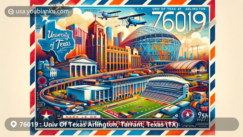 Postal-themed illustration of ZIP Code 76019, Univ Of Texas Arlington, Tarrant, Texas, featuring landmarks like UT Arlington, AT&T Stadium, and Globe Life Park, with Texas state flag and Tarrant County outline.