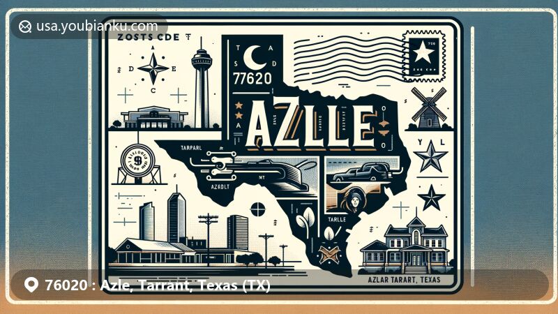 Modern illustration of Azle, Tarrant County, Texas, showcasing postal theme with ZIP code 76020, featuring iconic symbol of Azle within a postcard design with Texas outline and Tarrant County highlighted.