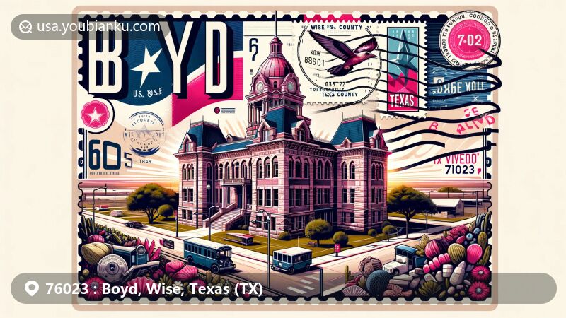 Modern illustration of Boyd, Wise County, Texas, showcasing the Wise County Courthouse with pink Texas granite and Vermont marble, along with local culture and postal elements.
