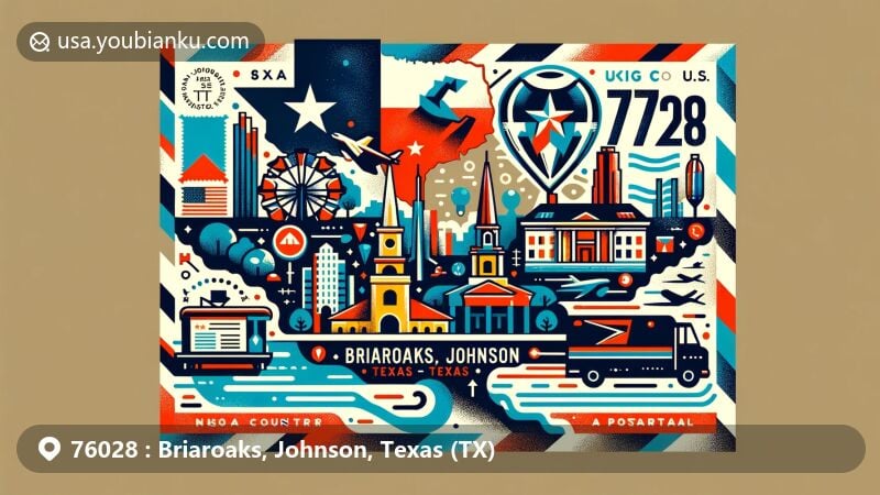Modern illustration of Briaroaks, Johnson, Texas (TX), presenting a postal-themed design with ZIP code 76028, Texas state flag, Johnson County map silhouette, and cultural elements of Briaroaks.