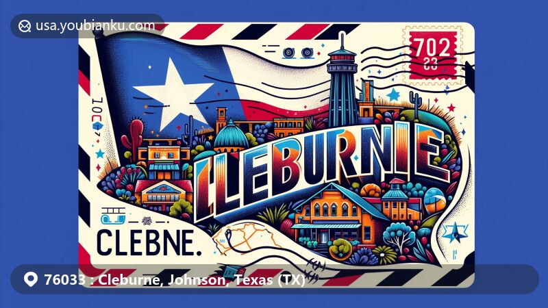 Modern illustration of Cleburne, Johnson County, Texas, showcasing postal theme with ZIP code 76033, featuring Texas state flag, Johnson County outline, Cleburne landmark, postcard design, and postal elements.