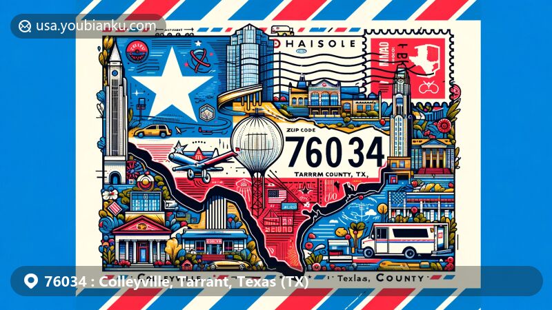 Modern illustration of Colleyville, Tarrant County, Texas, representing ZIP code 76034 with a creative airmail theme, showcasing Texas state flag and local landmarks.