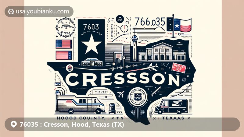 Contemporary illustration of Cresson, Hood County, Texas, inspired by vintage postcards and airmail envelopes. Features the Texas state flag, Hood County outline, and iconic local or Texan cultural symbol, with postal details like stamp, postmark '76035', mailbox, and postal van.