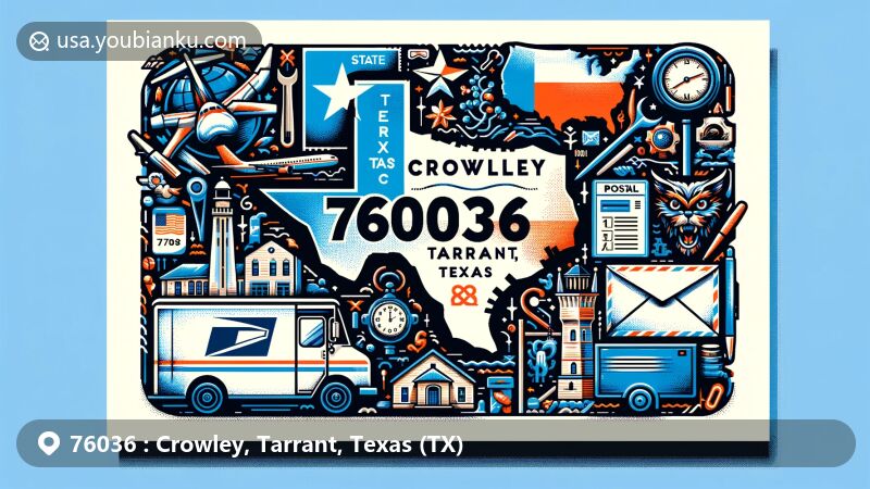 Modern illustration of Crowley, Tarrant County, Texas, featuring state and county outlines, local landmarks, and postal elements with ZIP code 76036, suitable for web pages.