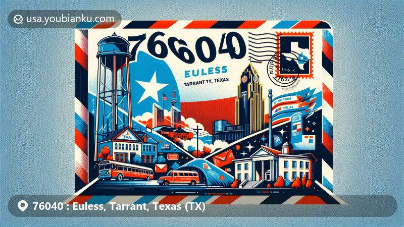 Modern illustration of Euless, Tarrant County, Texas, featuring airmail envelope with ZIP code 76040, showcasing key landmarks like Euless Water Tower and elements representing Tarrant County and Texas state flag.