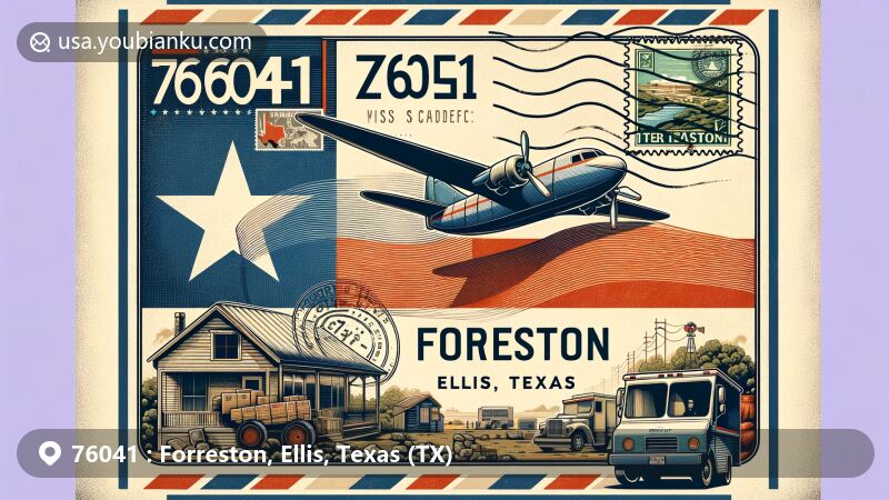 Creative web illustration of Forreston, Ellis, Texas (TX), representing ZIP code 76041 with a vintage airmail envelope featuring Texas state flag stamp. Includes local scenery and postal theme elements like postal truck and mailbox.