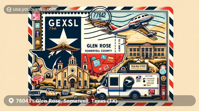 Modern illustration of Glen Rose, Somervell County, Texas, with Texas state flag, county outline, and iconic landmarks, showcasing postal theme with stamps, postmark, ZIP code 76043, mailbox, and postal van.