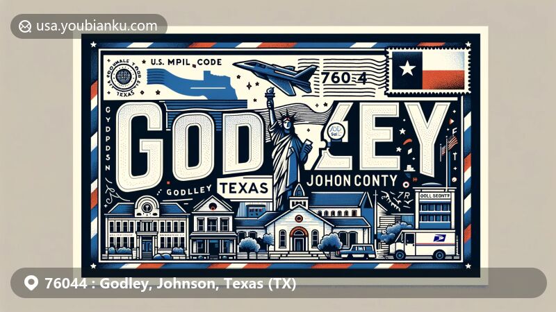 Modern illustration of Godley, Johnson, Texas (TX), focusing on postal theme with ZIP code 76044, incorporating city landmark and Texas symbols.