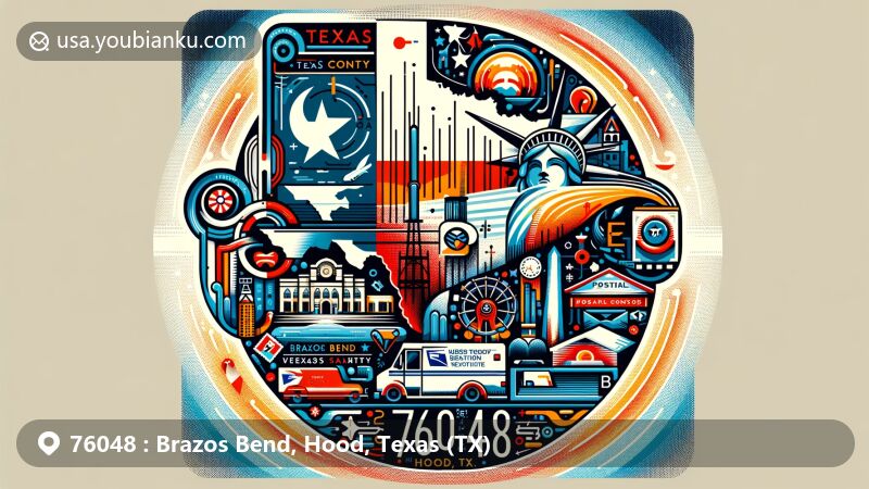 Modern illustration of Brazos Bend, Hood County, Texas, blending iconic symbols of the area, Texas state flag, postal elements with ZIP code 76048, and Hood County outline.