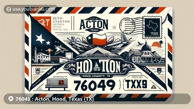 Modern illustration of Acton, Hood County, Texas (TX), with air mail envelope design and Texas state elements like the flag and Hood County outline, showcasing postal theme with ZIP code 76049.