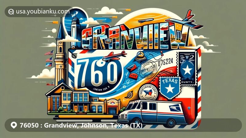 Modern illustration of Grandview, Johnson County, Texas, showcasing postal theme with ZIP code 76050, featuring air mail envelope, vintage stamp, postal truck, Grandview landmarks, and Texas flag.