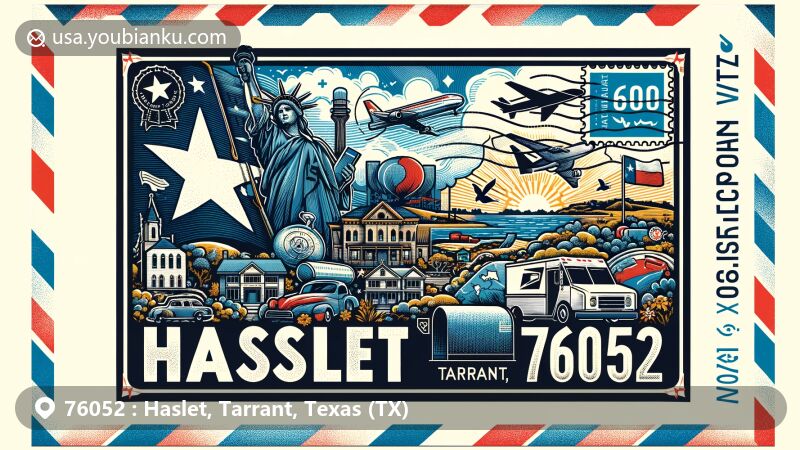 Vibrant illustration of Haslet, Tarrant, Texas (TX), featuring postal theme with key elements like Texas state flag, Tarrant County map, and local landmark, against a creative mail envelope backdrop.