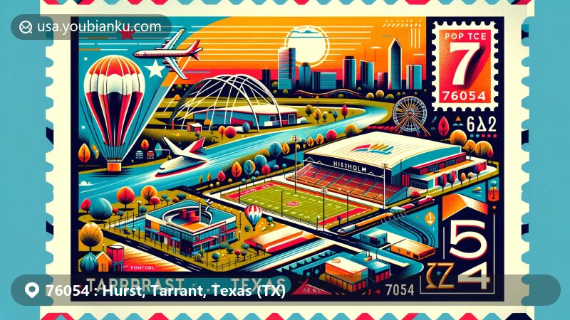 Modern illustration of ZIP code 76054 in Hurst, Tarrant, Texas, resembling a creative postal postcard, featuring Chisholm Park, North East Mall, a postage stamp, postmark, and the '76054' ZIP code.