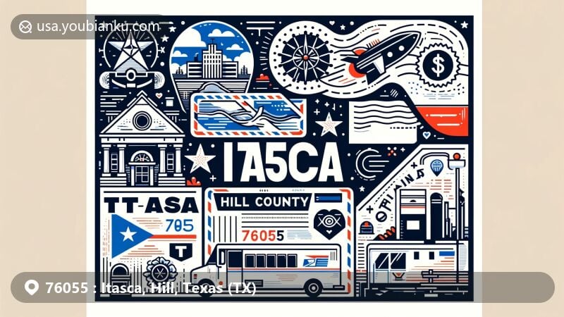 Modern illustration of Itasca, Hill County, Texas, showcasing postal theme with ZIP code 76055, featuring Texas state flag, Hill County outline, and iconic landmarks. Includes postage stamp, postmark, mailbox, and mail truck.