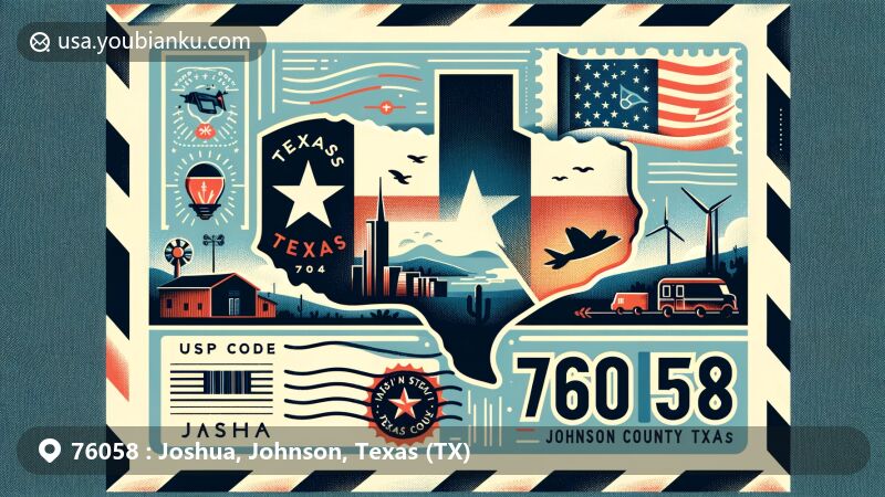 Modern illustration of Joshua, Johnson County, Texas, reminiscent of airmail envelope or postcard design, showcasing Texas state flag and silhouette, with local landmarks and symbols, including ZIP code 76058 and postal elements.