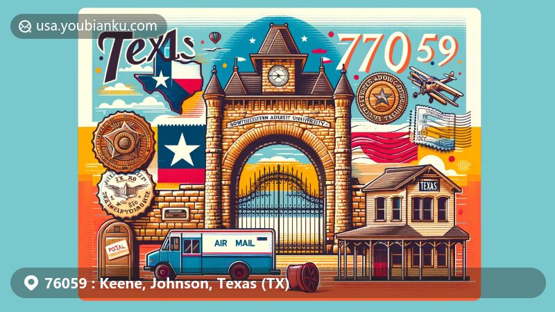 Modern illustration of Keene, Johnson County, Texas, featuring Mizpah Gate at Southwestern Adventist University, state flag, vintage postage stamp, and postal elements, in a vibrant digital style.