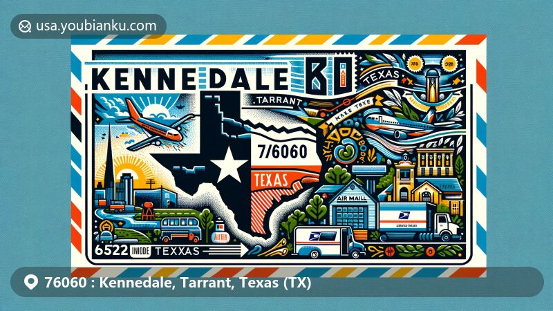Modern illustration of Kennedale, Tarrant County, Texas, capturing ZIP code 76060 with iconic Texas state elements, including the flag and outline, along with local landmarks and cultural symbols, integrated with postal theme like a postage stamp, postmark, mailbox, and mail truck.
