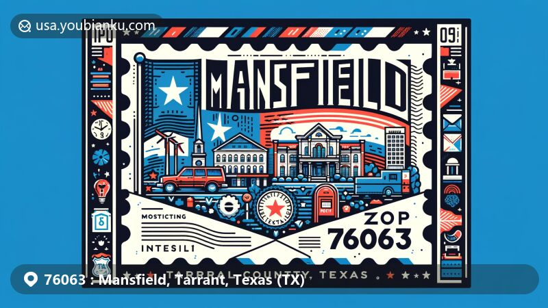 Modern illustration of Mansfield, Tarrant County, Texas, highlighting ZIP code 76063 with postcard design and local symbols like Texas state flag and Tarrant County outline.