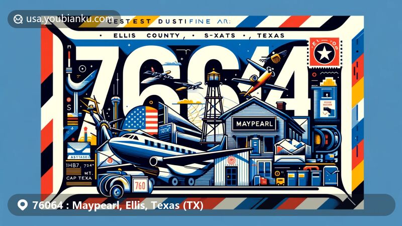 Modern illustration of Maypearl, Ellis County, Texas, inspired by airmail envelope design, featuring ZIP code 76064, with elements representing Maypearl and Texas, including Ellis County outline, Texas state flag, and unique regional symbols.