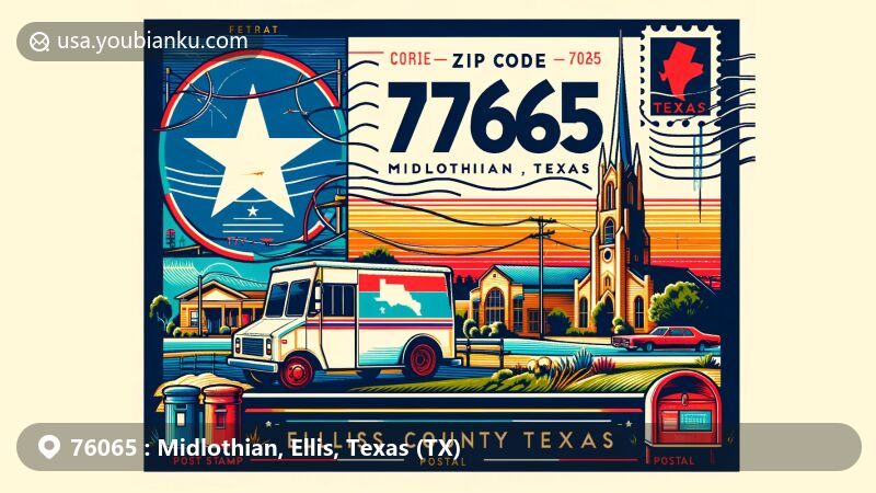 Artistic illustration of Midlothian, Ellis County, Texas, depicting ZIP code 76065, Texas state flag, Ellis County map, and iconic landmarks, with vintage postal elements for a postcard-style layout.