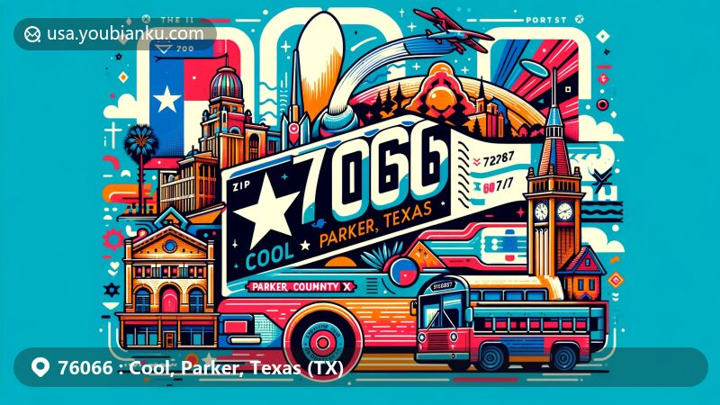 Modern illustration of Cool, Parker, Texas, inspired by air mail and postcard styles, highlighting ZIP code 76066, with postal elements like a stamp and postmark, integrating Texas state flag and Parker County outline.