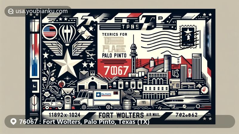 Modern illustration of Fort Wolters in Palo Pinto County, Texas, featuring Texas state flag, Palo Pinto County outline, and postal theme with ZIP code 76067.