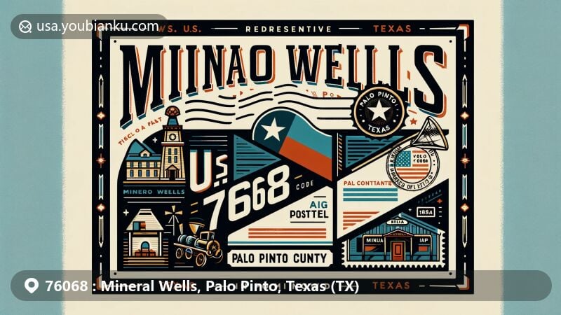 Modern illustration of Mineral Wells, Palo Pinto County, Texas, featuring postal theme with ZIP code 76068, showcasing Texas state flag, Palo Pinto County outline, and local landmarks like Baker Hotel and mineral wells.