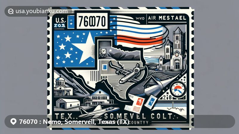 Modern illustration of Nemo, Somervell County, Texas, reminiscent of an air mail envelope or postcard, featuring ZIP code 76070, showcasing stamp, postmark, Texas flag, and Somervell County outline shape.
