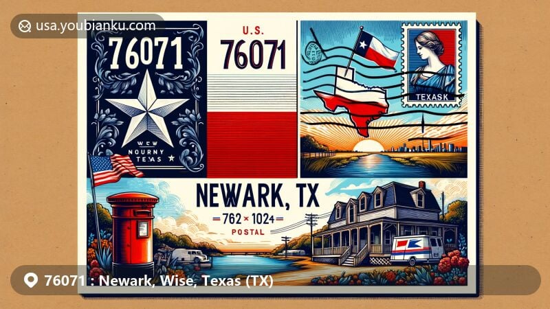 Modern illustration of Newark, Wise County, Texas, capturing the essence of ZIP code 76071, with Texas state flag, Wise County shape, iconic Newark landmark, and vintage postal elements.