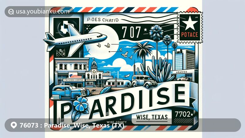 Modern illustration of Paradise, Wise County, Texas, inspired by postal theme for ZIP code 76073, featuring postcard design with stamp, postmark, and Texas state flag.