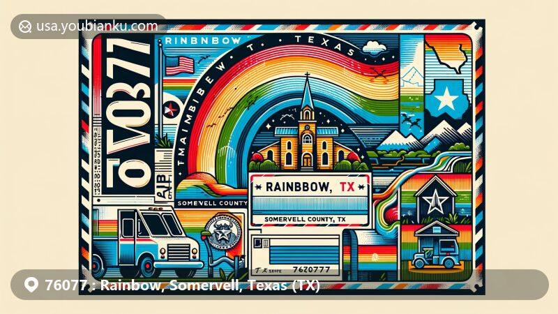 Creative depiction of Rainbow, Somervell County, Texas, illustrating ZIP code 76077 with state flag, local landmarks, and postal elements on a postcard or air mail envelope.