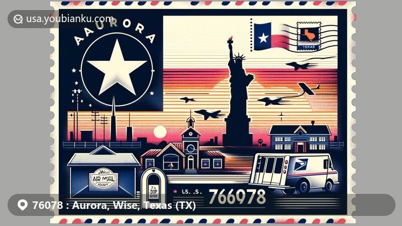 Modern illustration of Aurora, Wise, Texas, highlighting ZIP code 76078, featuring Texas state flag, Wise County silhouette, landmark from Aurora, postal elements like stamp, postmark, mailbox, and mail truck.