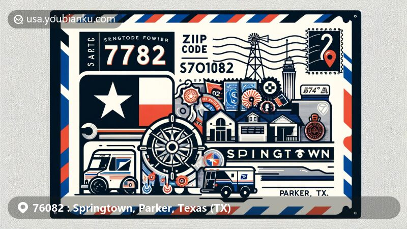 Modern illustration of Springtown, Parker County, Texas, with ZIP code 76082, creatively blending Texas and Parker County elements, including the state flag, local landmark, and postal symbols.