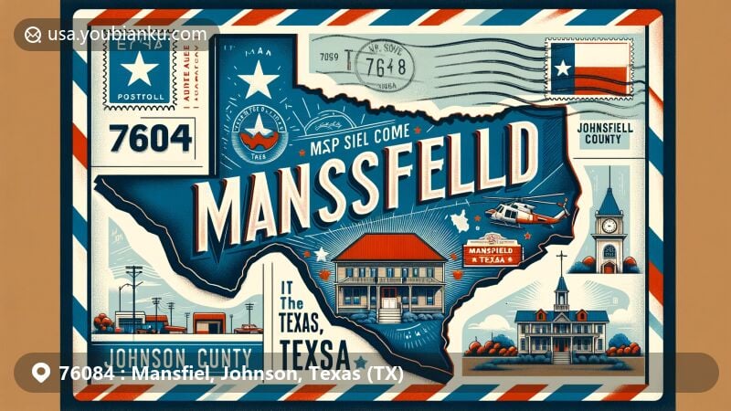 Modern illustration of Mansfield, Johnson County, Texas, merging postal elements with local landmarks and cultural symbols, styled as an airmail envelope, highlighting ZIP code 76084 and the vibrant essence of the region.