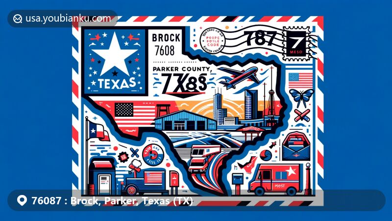 Modern illustration of Brock, Parker County, Texas, featuring postal theme with ZIP code 76087, showcasing Texas state flag, Parker County shape, and local landmarks.