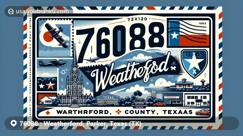 Creative illustration of Weatherford, Parker County, Texas, with postal theme showcasing ZIP code 76088, including elements of Texas state flag and Parker County outline.