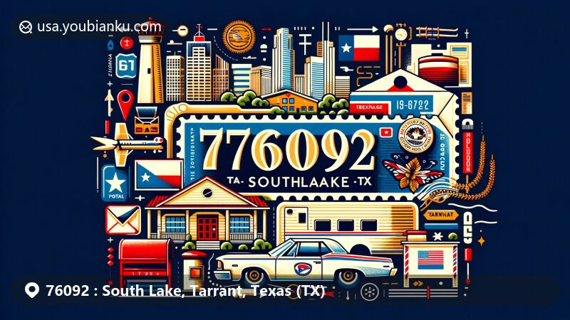 Modern illustration of Southlake, Tarrant County, Texas, representing ZIP code 76092 with postal theme, including stamp, postmark, mailbox, and postal vehicle, alongside Texas state flag and local landmarks.