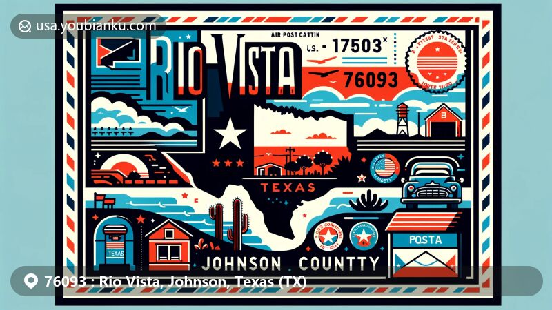 Modern illustration of Rio Vista, Johnson County, Texas, featuring Texas state flag, Johnson County map silhouette, scenic rural landscape, and postal elements like postage stamp, postmark '76093', mailbox, and mail truck.