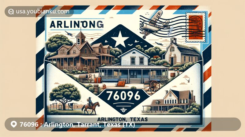 Vintage-style illustration of ZIP Code 76096 (Arlington, Tarrant, Texas), showcasing postal-themed collage with iconic landmarks like Knapp Heritage Park, Fielder House, Arlington Museum of Art, and University of Texas at Arlington.
