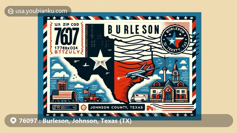Modern illustration of Burleson, Johnson County, Texas, with postal theme showcasing Texas state flag, Johnson County outline, and cultural symbol from Burleson.