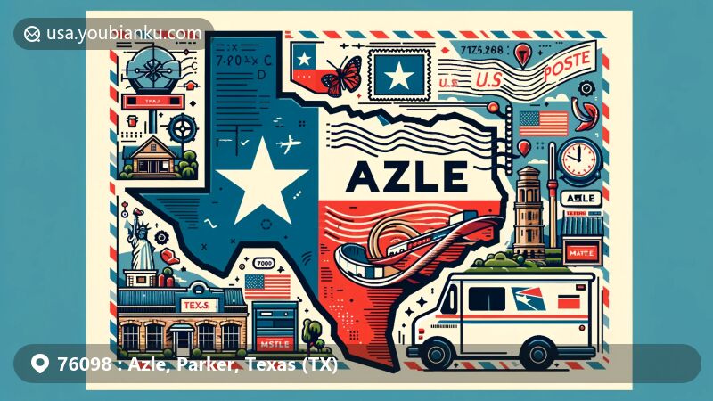 Modern illustration of Azle, Parker County, Texas, showcasing postal theme with ZIP code 76098, featuring Texas state flag, Parker County outline, and local landmarks.