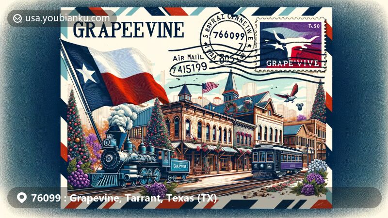 Vivid illustration of Grapevine, Tarrant County, Texas, designed as an airmail envelope capturing the essence of the Grapevine Historic Main Street District, Grapevine Vintage Railroad, and Texas state symbols.