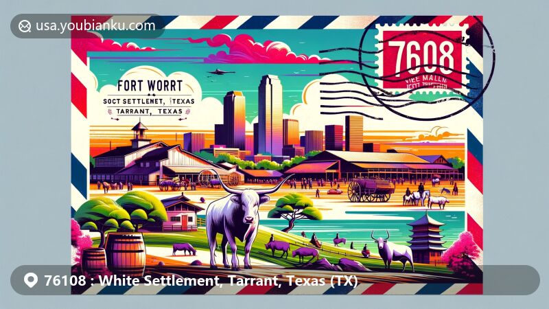 Modern illustration of White Settlement, Tarrant, Texas, showcasing postal theme with ZIP code 76108, featuring Fort Worth Stockyards and Botanic Garden.